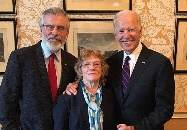 As Joe Biden inched closer to the White House last night, his own much-trumpeted Irish roots were placed under the spotlight. He is pictured above with Gerry Adams and IRA fugitive Rita O'Hare As Joe Biden inched closer to the White House last night, his own much-trumpeted Irish roots were placed under the spotlight. He is pictured above with Gerry Adams and IRA fugitive Rita O'Hare