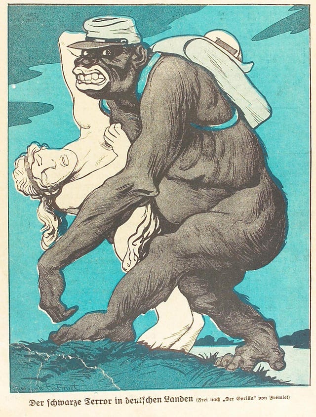 r/PropagandaPosters - ''The black terror in the German states (based on 'Gorilla' by Frémiet)'' - German political cartoon that refers to a sculpture of gorilla (''Gorilla carrying off a woman'') made by French sculptor Emmanuel Frémiet (''Kladderadatsch'' magazine, May 1920)