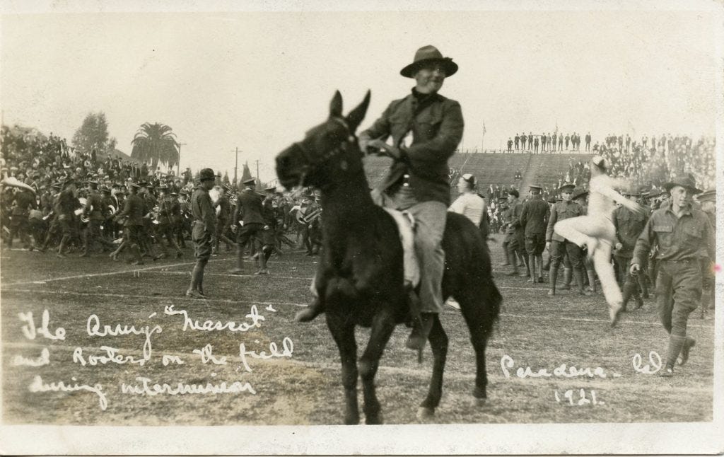Postcard - The Army's "Mascot" and Rooters on the field during intermission, Pasadena, Cal. 1921 Postcard - The Army's "Mascot" and Rooters on the field during intermission, Pasadena, Cal. 1921