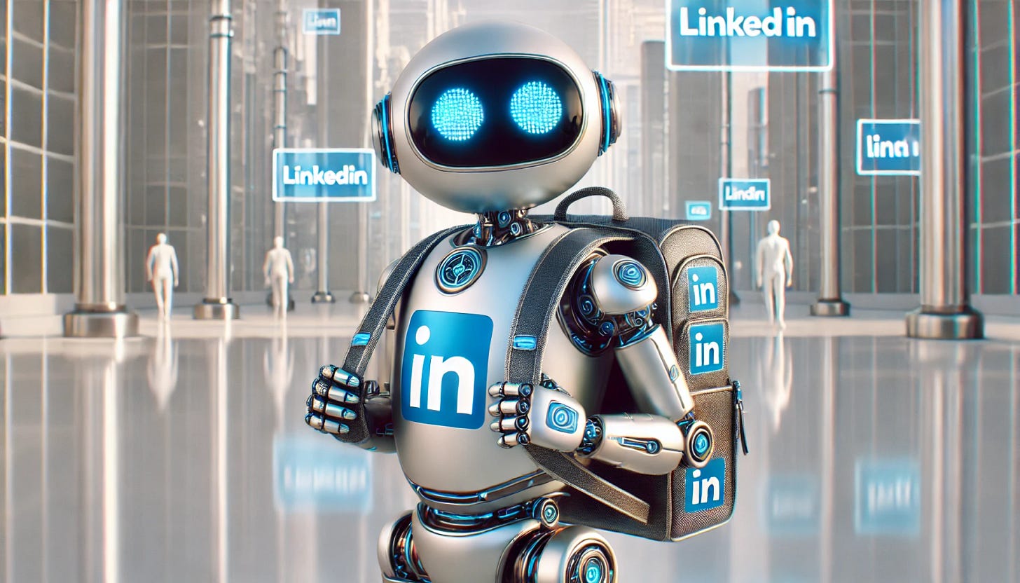 A friendly robot with a LinkedIn-themed backpack, walking in a futuristic cityscape. The robot has a sleek, metallic design with glowing blue eyes, and the backpack features the LinkedIn logo. The environment is modern, with holographic advertisements and a bright, optimistic atmosphere.