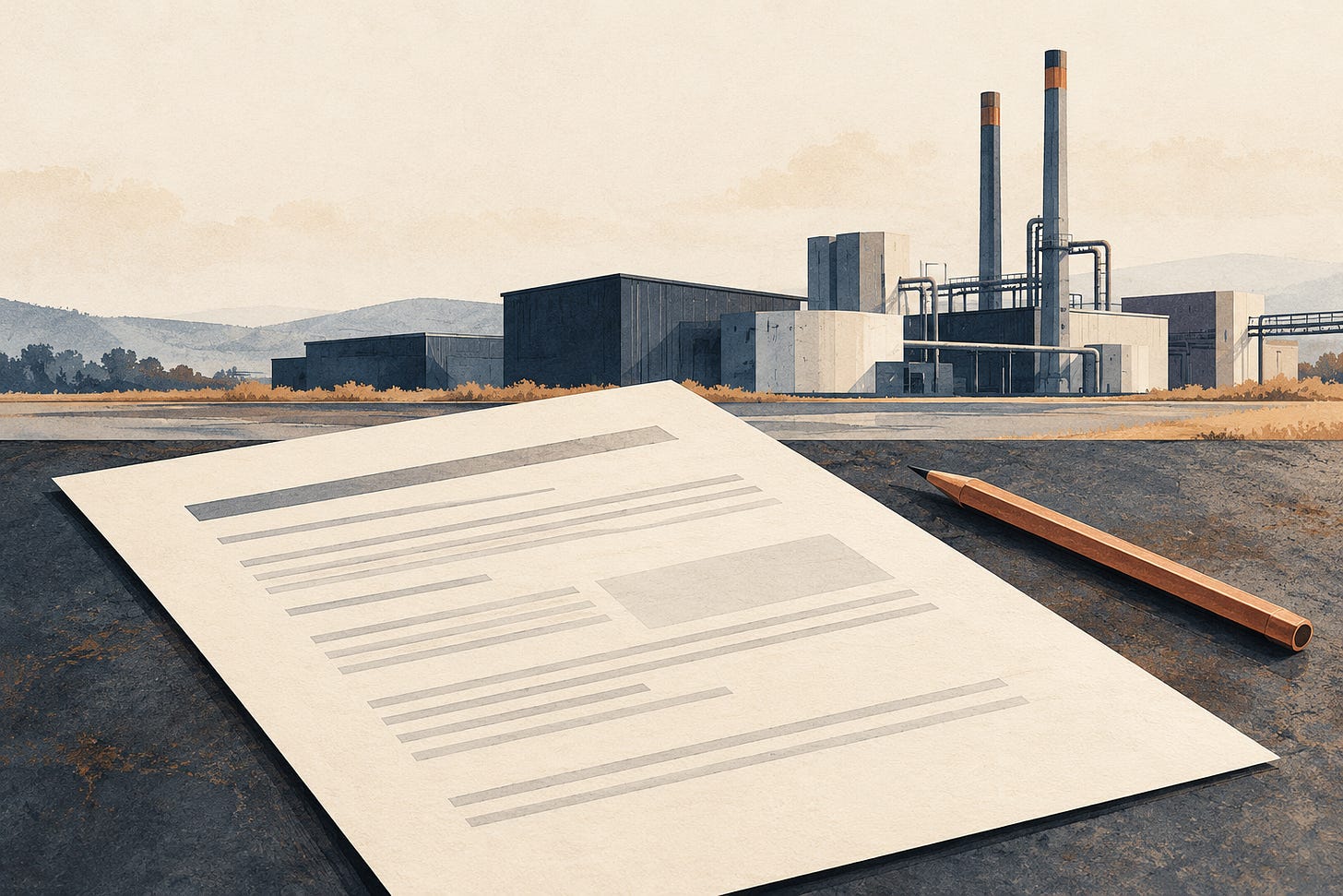 Illustration of a report beside an abstract industrial landscape.