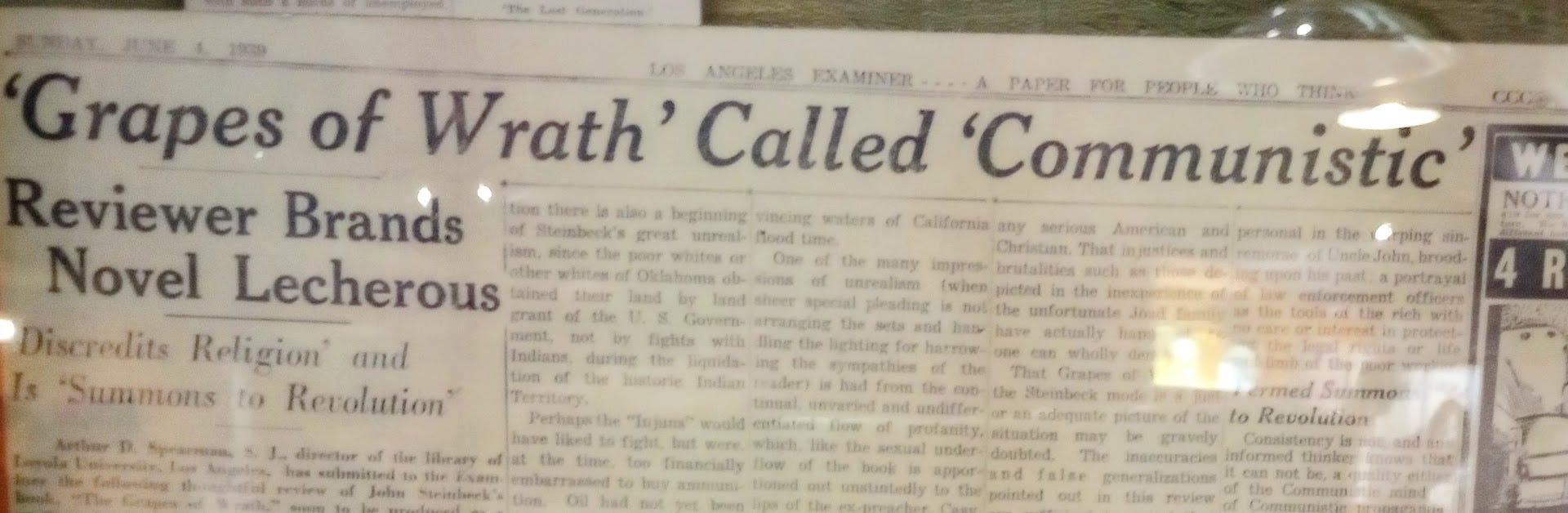 headline from old newspaper reads "Grapes of Wrath Called Communistic" headline from old newspaper reads "Grapes of Wrath Called Communistic"