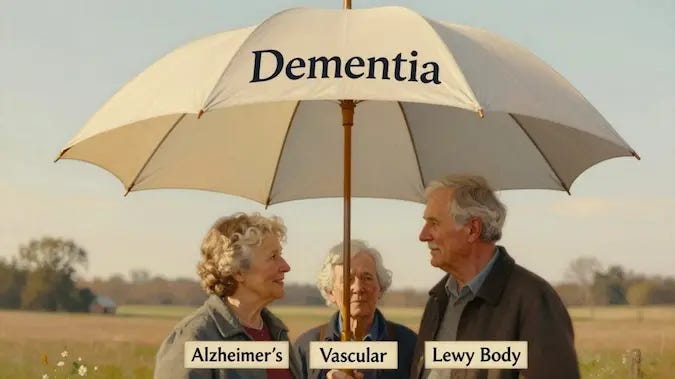 A warm, Rockwell‑ and Grant Wood–style scene showing a large umbrella labeled “Dementia” sheltering three smaller icons labeled Alzheimer’s, Vascular, and Lewy Body, painted with soft Americana lighting and muted, senior‑friendly colors. A warm, Rockwell‑ and Grant Wood–style scene showing a large umbrella labeled “Dementia” sheltering three smaller icons labeled Alzheimer’s, Vascular, and Lewy Body, painted with soft Americana lighting and muted, senior‑friendly colors.