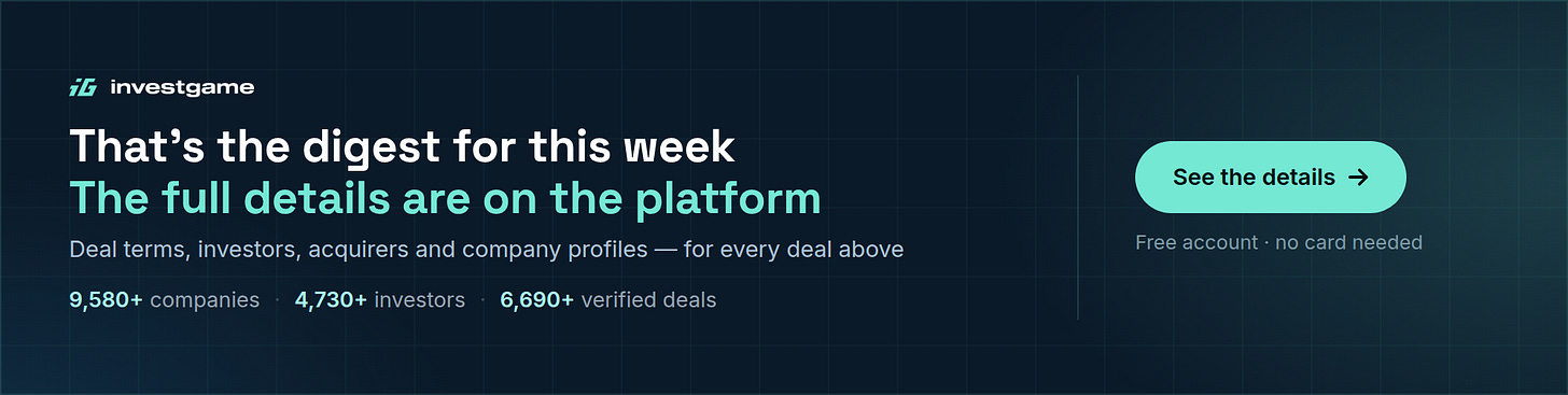That's the digest for this week. See deal terms, investors, acquirers and company profiles for every deal above on the InvestGame platform: 9,580+ companies, 4,730+ investors, 6,690+ verified deals. Free account, no card needed.