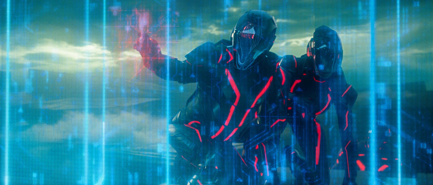 Two people in red neon armor looking at a haze of blue data. Two people in red neon armor looking at a haze of blue data.