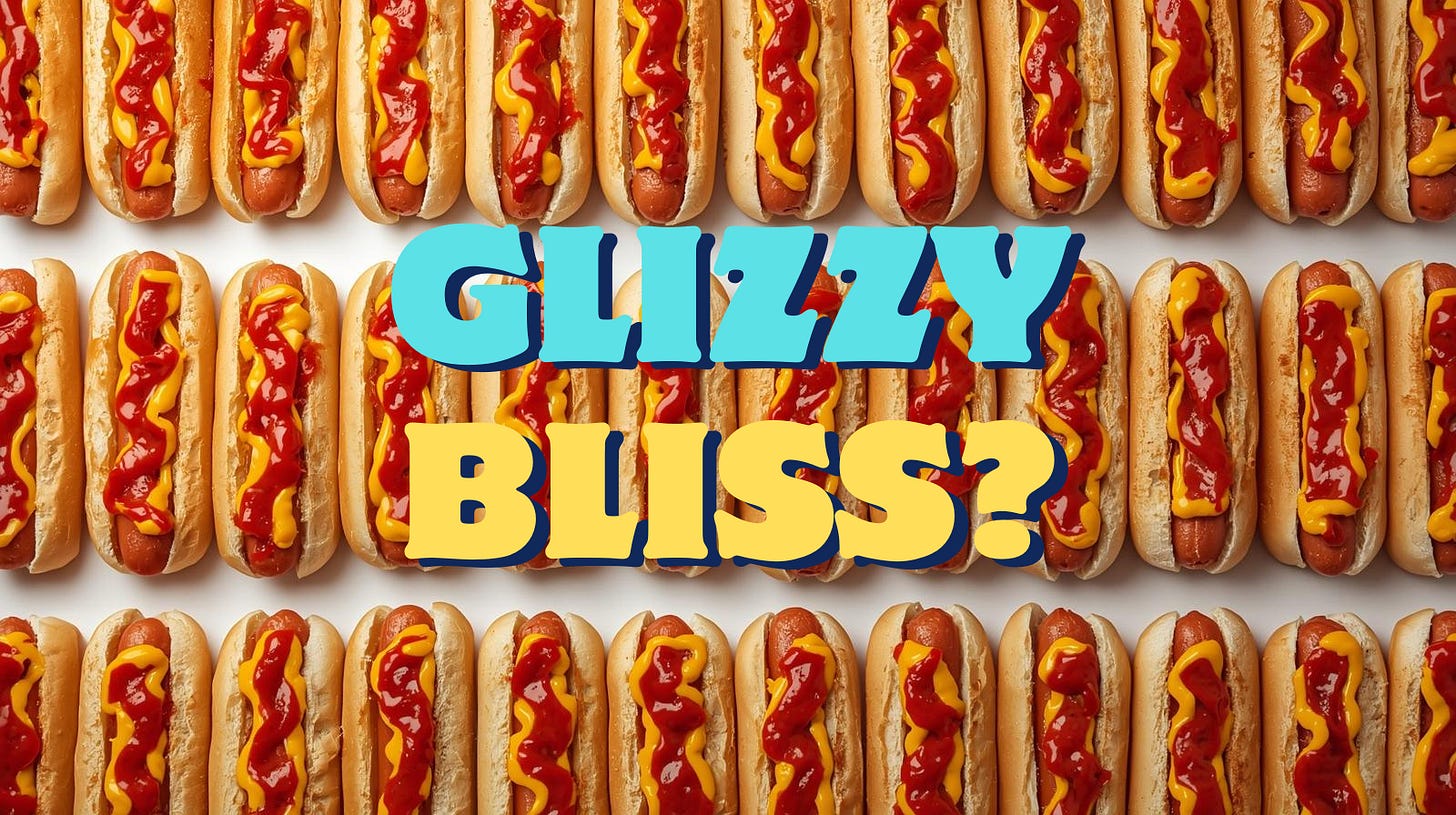 A wall of hot dogs witht he phrase "glizzy bliss" on top. 
