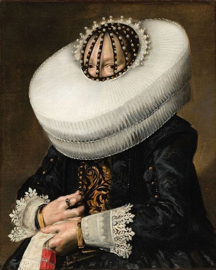 A surreal mixed-media portrait exploring the symbolic, emotional, and historical resonance of the color black—blending elements of Spanish court fashion with personal memory and modern visual language.