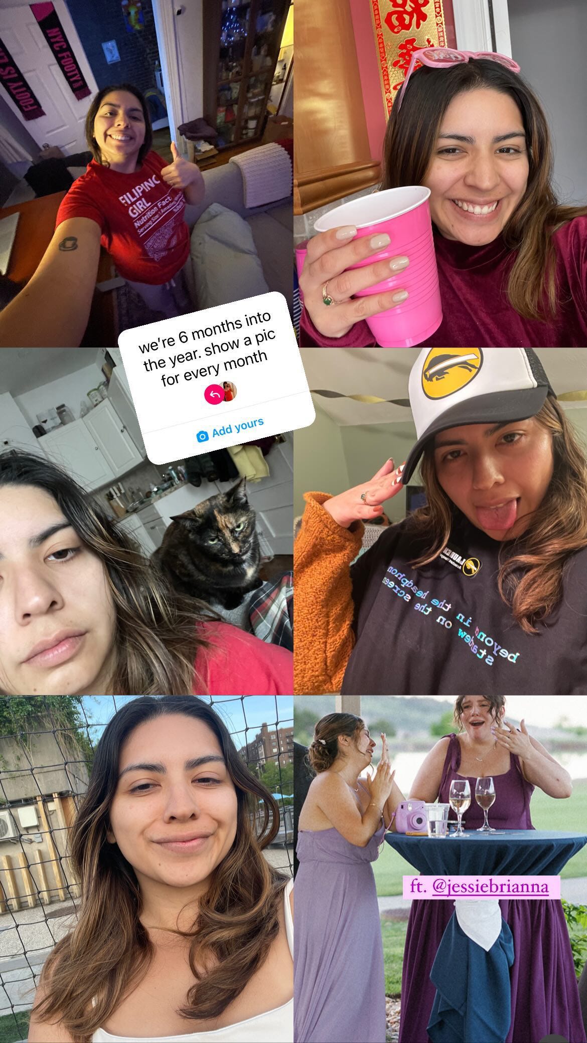 A collage of six pictures of Lauren: she gives a thumbs up in a shirt that reads FILIPINO GIRL, she holds a pink Solo cup and has pink sunglasses on her head, she looks straightfaced into the camera next to her tortie cat who is also straightfaced; she sticks her tongue out while showing off a trucker hat, she smiles in the sun, she is crying looking at her best friend who is also crying both in their maid of honor dresses