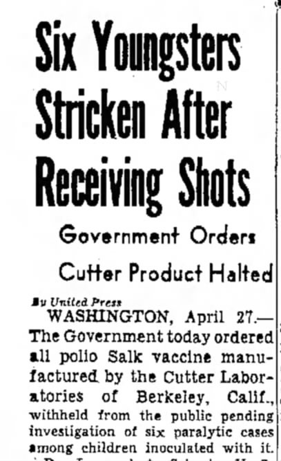 Six children paralyzed after receiving polio vaccine in Cutter Incident -  Newspapers.com™