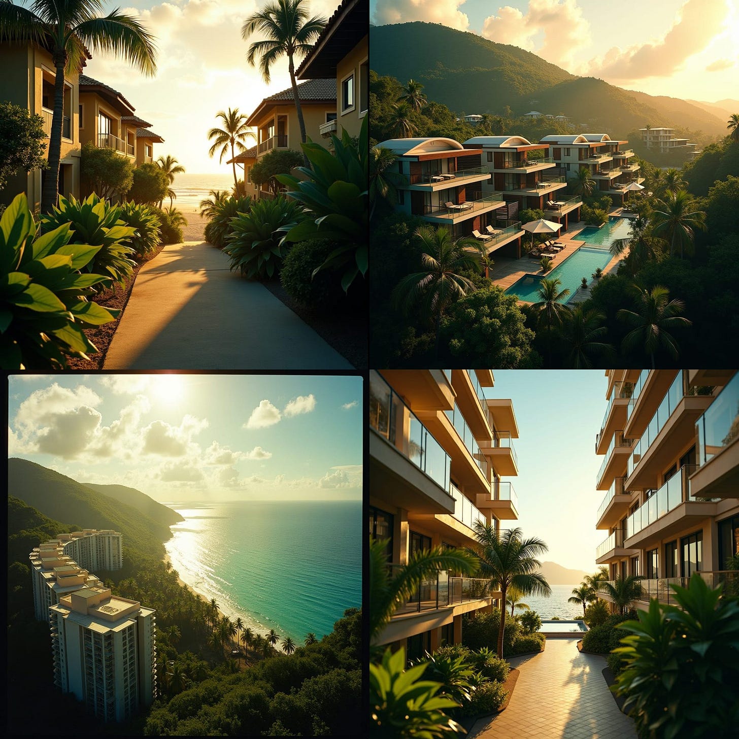 Luxurious condos in Jamaica, with warm tropical sunlight casting a golden glow on the modern architecture, set against a breathtaking backdrop of turquoise ocean and lush green palm trees Luxurious condos in Jamaica, with warm tropical sunlight casting a golden glow on the modern architecture, set against a breathtaking backdrop of turquoise ocean and lush green palm trees