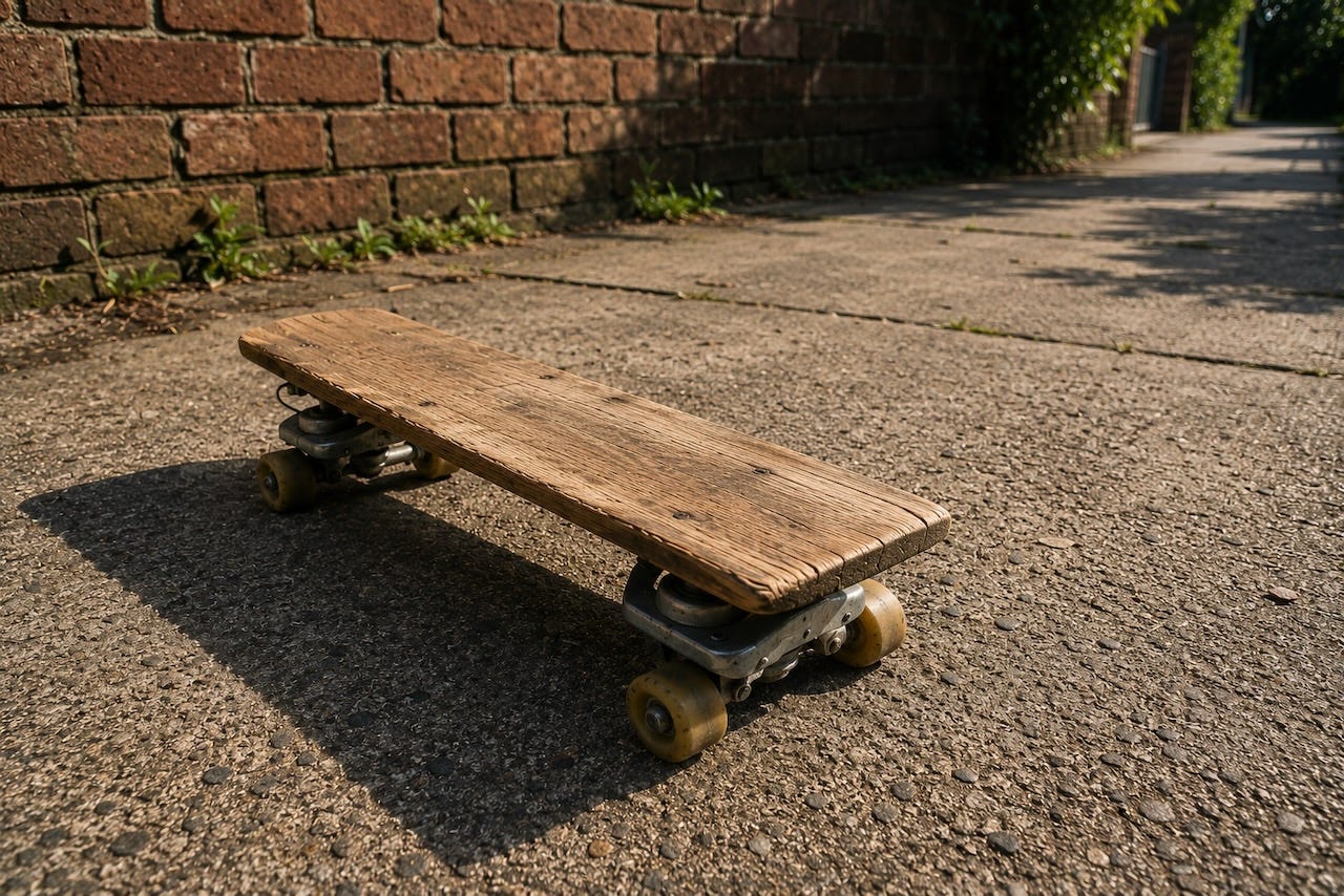 A homemade skateboard, crafted from a wooden plank and old roller-skate wheels, rests on sunlit pavement beside a brick wall, evoking childhood summers, creativity, and carefree adventure.