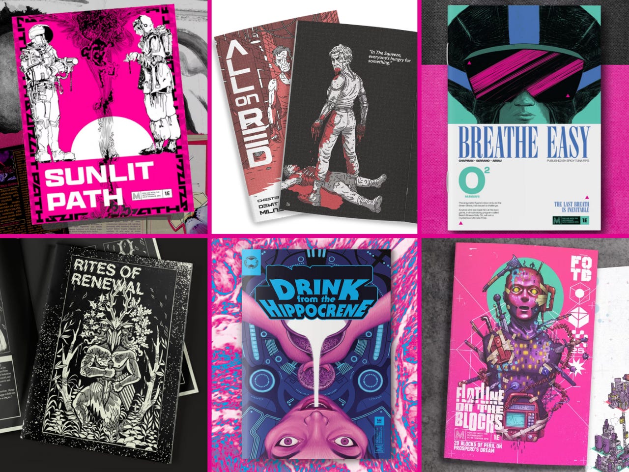 A six-square collage of all the covers mentioned above. Sunlit Path shows vaccsuited monks(?), All on Red has a mean lookin’ older dude standing over a dead guy, Breathe Easy has a Captain Falcon / Master Bison like dude’s head with huge sunglasses, Rites of Renewal is a white-on-black riso print of a heretic wearing a creepy woodland creature mask, Hippocrene has a deranged looking person getting psychedelic-colored liquid poured into their mouth from a goblet, and Flatline has an Android resuscitation dummy stylized as a habblock. A six-square collage of all the covers mentioned above. Sunlit Path shows vaccsuited monks(?), All on Red has a mean lookin’ older dude standing over a dead guy, Breathe Easy has a Captain Falcon / Master Bison like dude’s head with huge sunglasses, Rites of Renewal is a white-on-black riso print of a heretic wearing a creepy woodland creature mask, Hippocrene has a deranged looking person getting psychedelic-colored liquid poured into their mouth from a goblet, and Flatline has an Android resuscitation dummy stylized as a habblock.