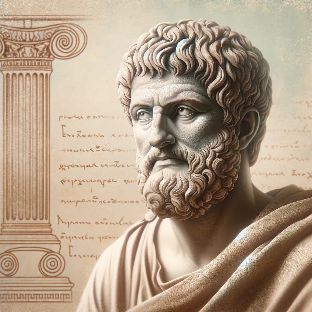 A thoughtful and serene portrait of the philosopher Epictetus, set against a backdrop of ancient Greek elements. The image should capture Epictetus in a contemplative pose, reflecting the depth and tranquility of Stoic philosophy. The setting should include subtle hints of classical architecture or scrolls, enhancing the historical context. The overall tone should be calm and introspective, with soft, natural colors and a minimalist aesthetic, suitable as a cover image for an article about Stoic philosophy. A thoughtful and serene portrait of the philosopher Epictetus, set against a backdrop of ancient Greek elements. The image should capture Epictetus in a contemplative pose, reflecting the depth and tranquility of Stoic philosophy. The setting should include subtle hints of classical architecture or scrolls, enhancing the historical context. The overall tone should be calm and introspective, with soft, natural colors and a minimalist aesthetic, suitable as a cover image for an article about Stoic philosophy.