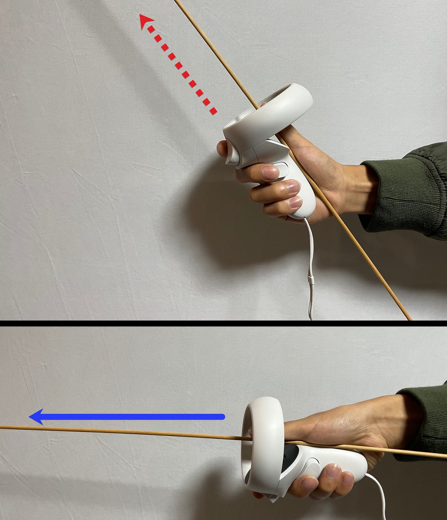 Hand holding a controller in a natural relaxed position. The raycaster of the controller is illustrated with a wooden stick. The stick is pointing upward. Hand holding a controller in a natural relaxed position. The raycaster of the controller is illustrated with a wooden stick. The stick is pointing upward.