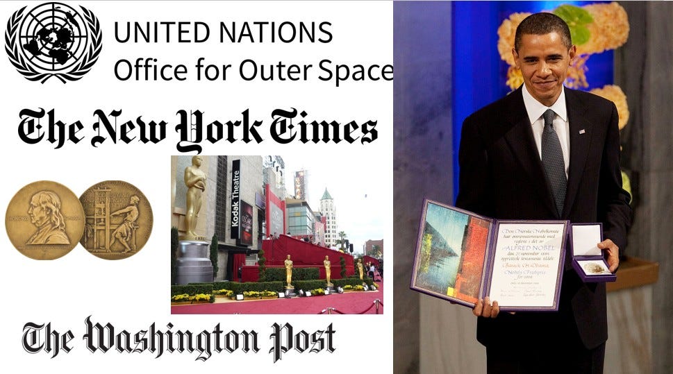 Mashup of logos of the UN, NYT, Washington Post, Pulitzer Prize, Acadamy Awards, and Nobel Prize