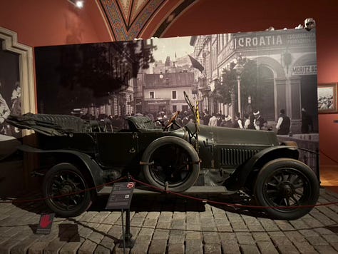 Vienna's Military History Museum with the car on which Franz Ferdinand was assassinated and his blood-stained uniform with the bullet hole visible. Also saw one of the most famous WWI paintings, Death and the Soldier (1917) by Hans Larwin