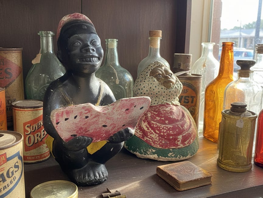 The golliwog statue and watermelon paddle on display at Memory House before the murder