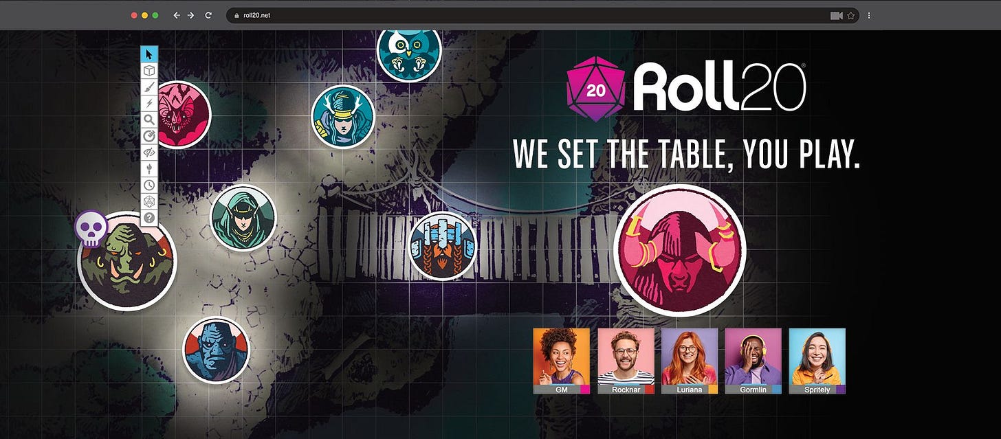 May be a cartoon of 5 people and text that says 'rolli20.ne I 1 20 Roll20 WE SET THE TABLE, YOU PLAY. Rocknar Luriana Gormlin Spritely'
