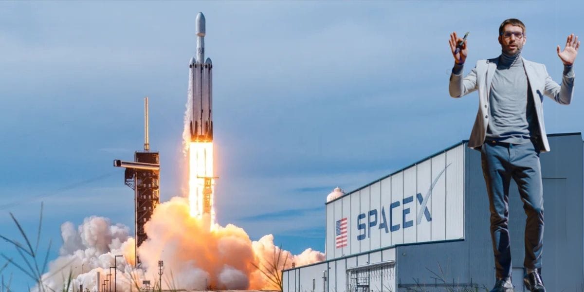 A stock image of a SpaceX rocket launching with a guy super imposed over the top who looks as though he's presenting at a conference.