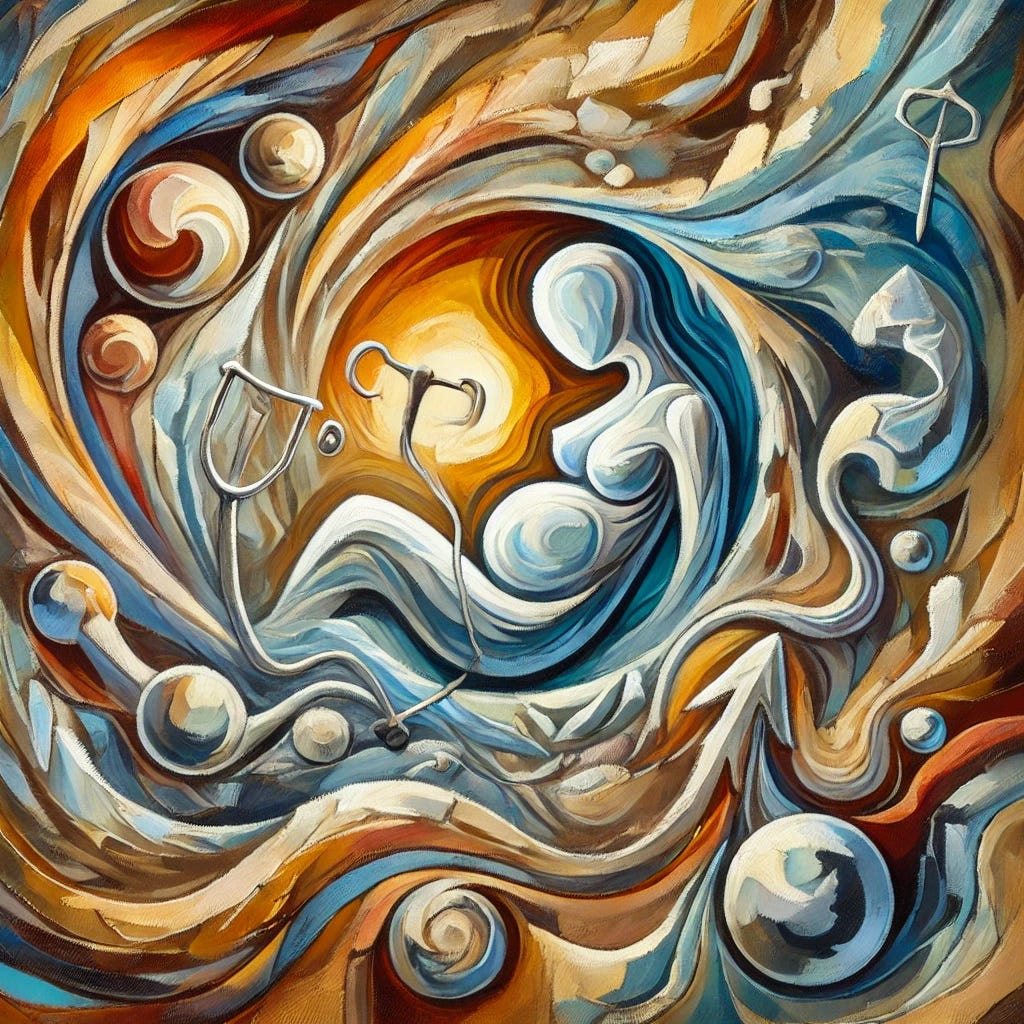 An abstract impressionist oil painting depicting the medicalization of childbirth. The composition contrasts organic, flowing shapes symbolizing natural birth with rigid, geometric forms representing medical interventions. Warm, earthy tones blend into cool, sterile hues, showing the shift from traditional birthing practices to a highly clinical environment. Expressive, thick brushstrokes create tension between the organic and the mechanized, evoking the emotional and physical transformation childbirth has undergone.