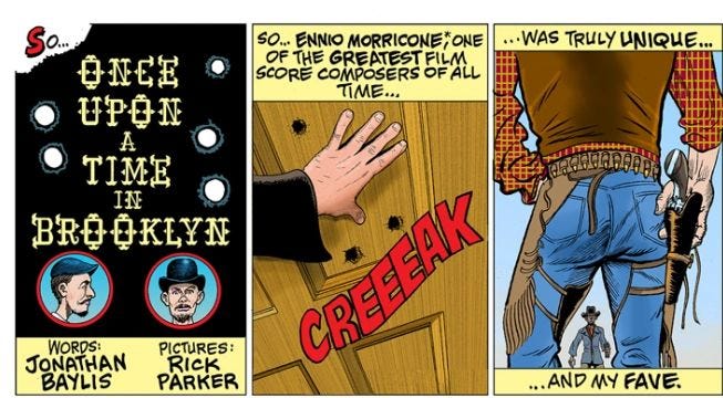 Top row of panels from “Once Upon a Time in Brooklyn,” written by Jonathan Baylis and illustrated by Rick Parker, from So Buttons #13.