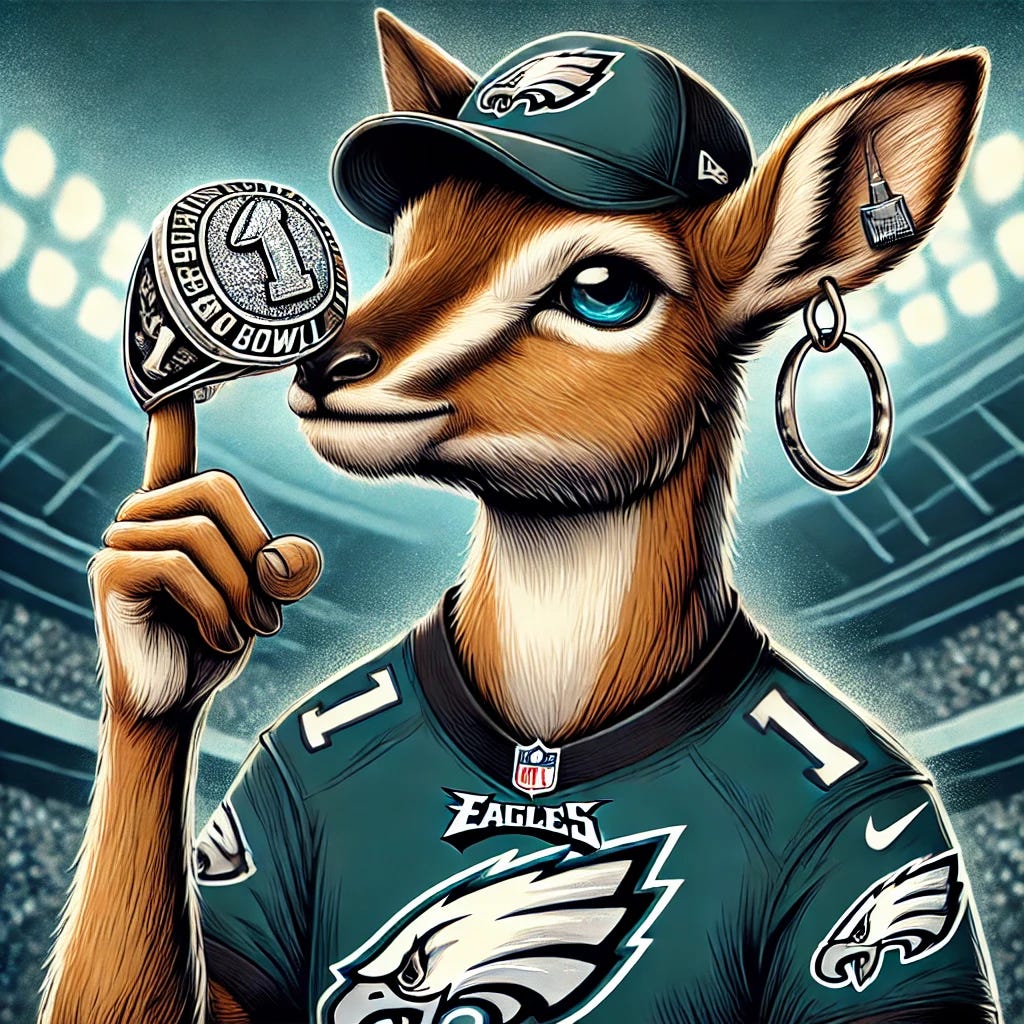 A detailed illustration of an antelope wearing a Philadelphia Eagles jersey with the number one on it. The antelope has a hoop earring and a stylish goatee. It is admiring a large, dazzling Super Bowl ring with a look of pride and excitement. The background features a subtle stadium ambiance to enhance the sports theme.