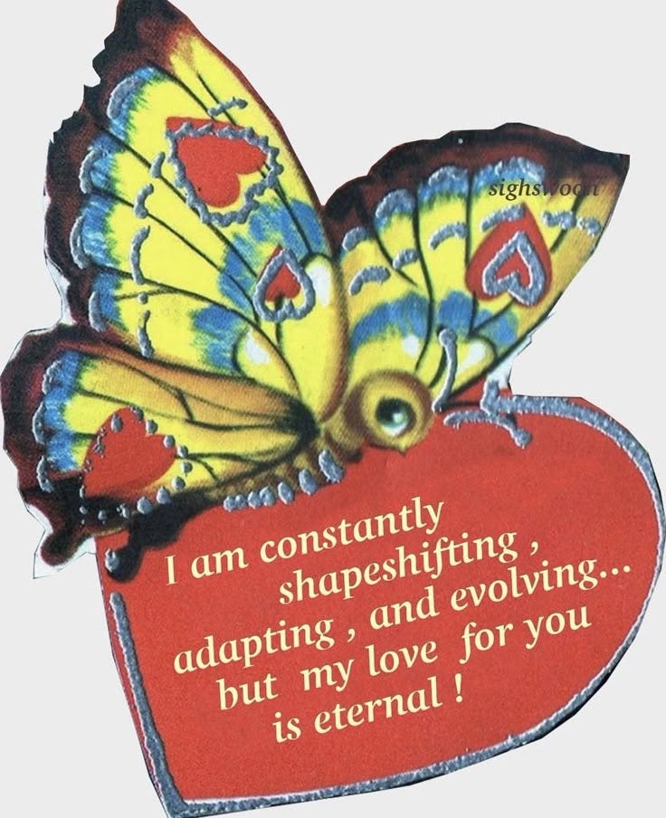 This may contain: a heart shaped box with a butterfly on it's wings and the words, i am constantly shape shifting, adapting, and evliving but my love for you is eternal