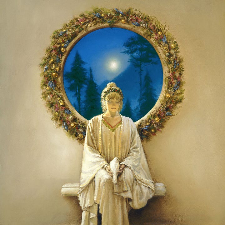 LEFT: Detail from PEACE featuring a woman seated with a dove in her lap. The circular window behind her is bordered with a wreath. Ornaments of gold, blue, and red are embedded throughout. The view of a simple forest setting behind her is vibrant blue pierced by a hazy glowing star.  RIGHT: Figure detail from PEACE featuring a woman pressing her eyes closed in contemplation. Her gown is plain white but elegant in its draping. The neckline is cut in a modest V bordered with thin stripes of red, gold, and green. Over her dress, another layer of fabric falls, accented with a satin gold border. Her blonde hair is swept up in a bun, barely visible as she dips her head. Beyond her bangs, a band of holly contrasts in green with dots of red berries. Shadow falls across her face casting an air of solemnity.