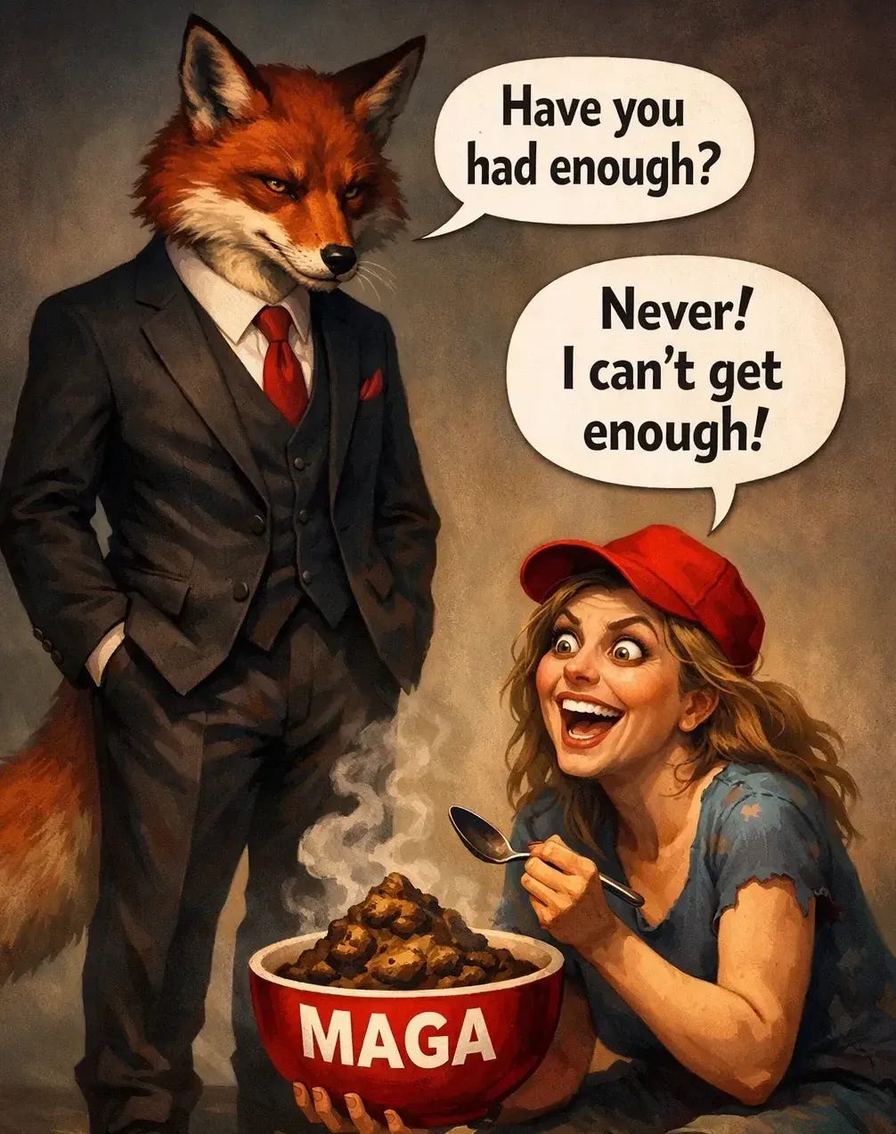 Satirical illustration of a fox in a suit talking to a woman eating from a 'MAGA' bowl of ...