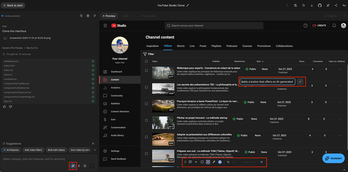 A screenshot showing the annotation tool in action; a specific area of the app interface is highlighted with a bounding box, and a prompt is attached to it asking to add a button.