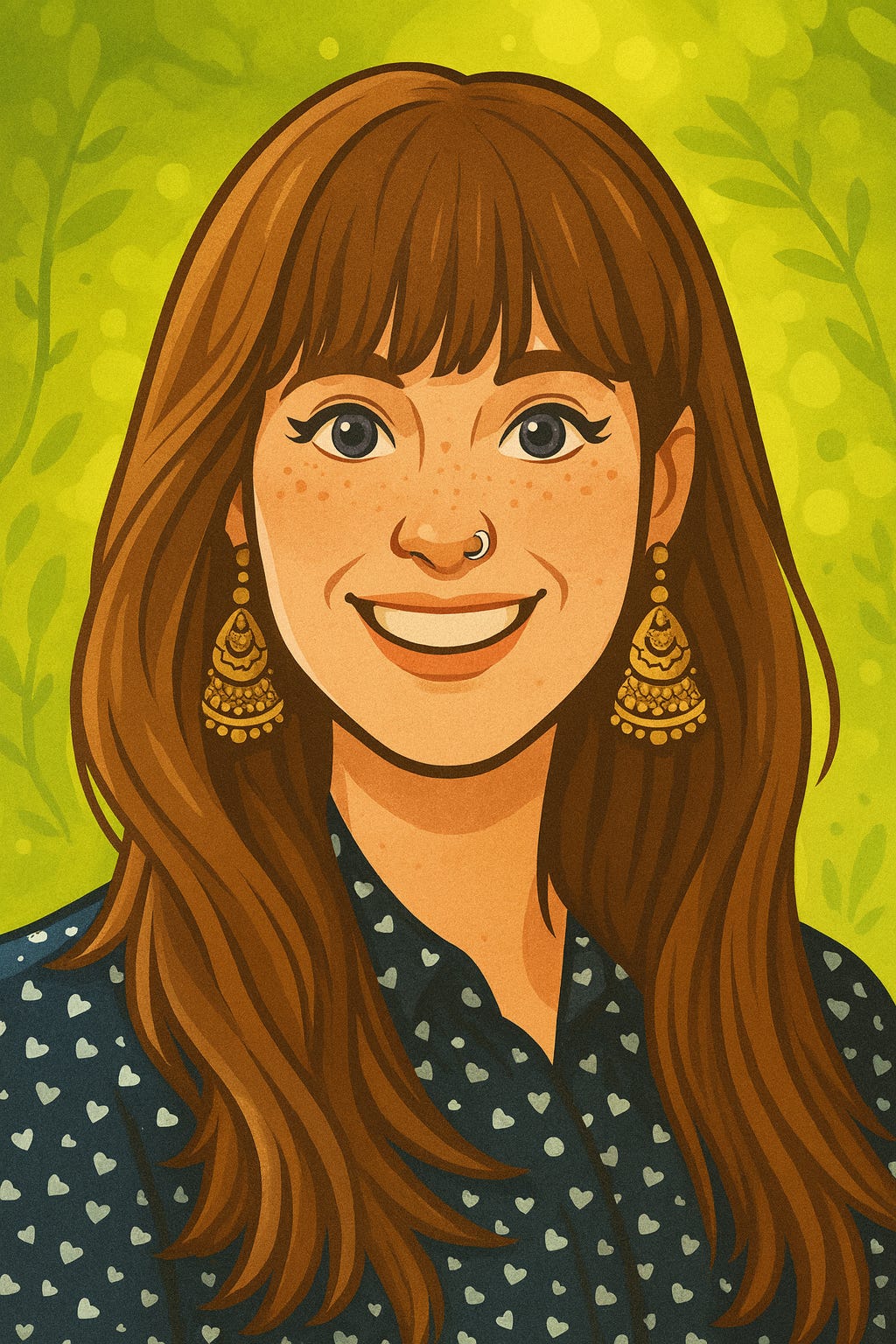 A cartoon-style portrait of a smiling woman with long chestnut-brown hair and straight bangs. She has blue eyes, light freckles across her cheeks, a small silver nose ring, and ornate gold earrings. She is wearing a dark blouse patterned with small light shapes. The background is a soft green gradient with leafy, nature-inspired shapes, giving a warm, approachable, and creative feel.