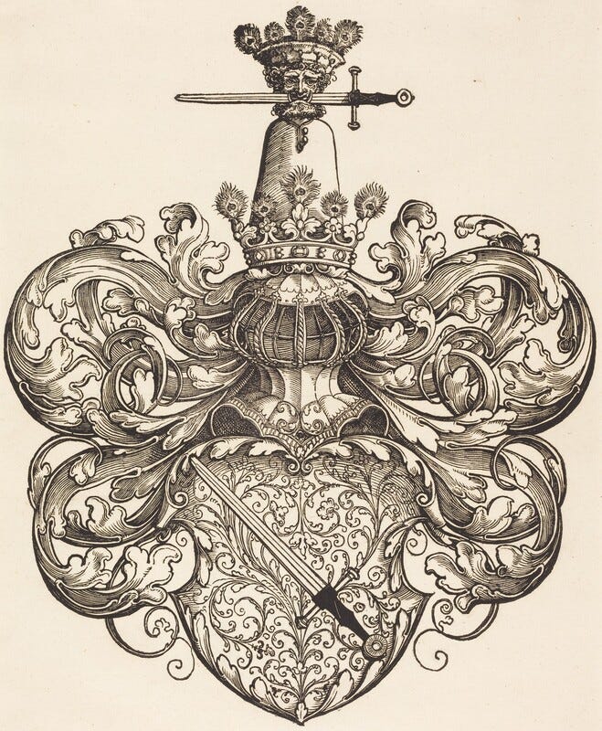 This is a drawing of an elaborate coat of arms showing a symmetrical design featuring an intricately detailed heraldic shield adorned with floral and vine motifs. The shield prominently displays a sword, angled diagonally from top left to bottom right. Above the shield, there is a classic bearded helmet crowned with an ornate crest of feathers and a crown. Flowing acanthus leaves emanate from the base of the helmet, framing the composition. The drawing is meticulously rendered in monochrome, showcasing the artist's attention to linework and detail.