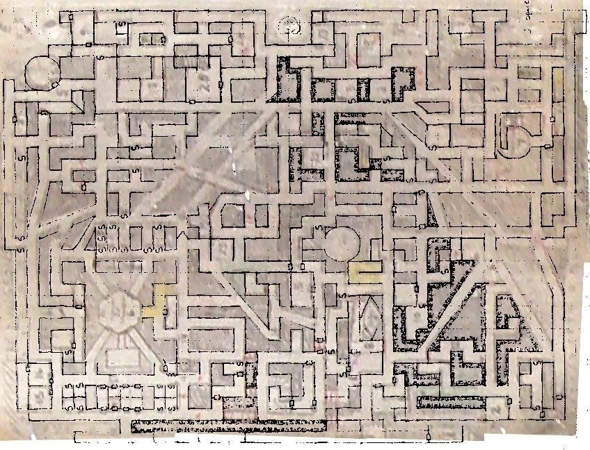 Scanned image of an old-school dungeon drawn on paper.