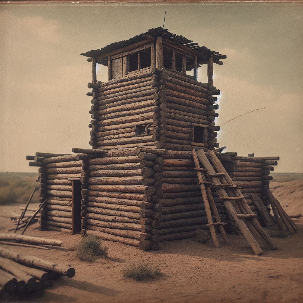 Thumbnail Image A hastily built military fort with a single lookout that might have been seen in 1875 Thumbnail Image A hastily built military fort with a single lookout that might have been seen in 1875