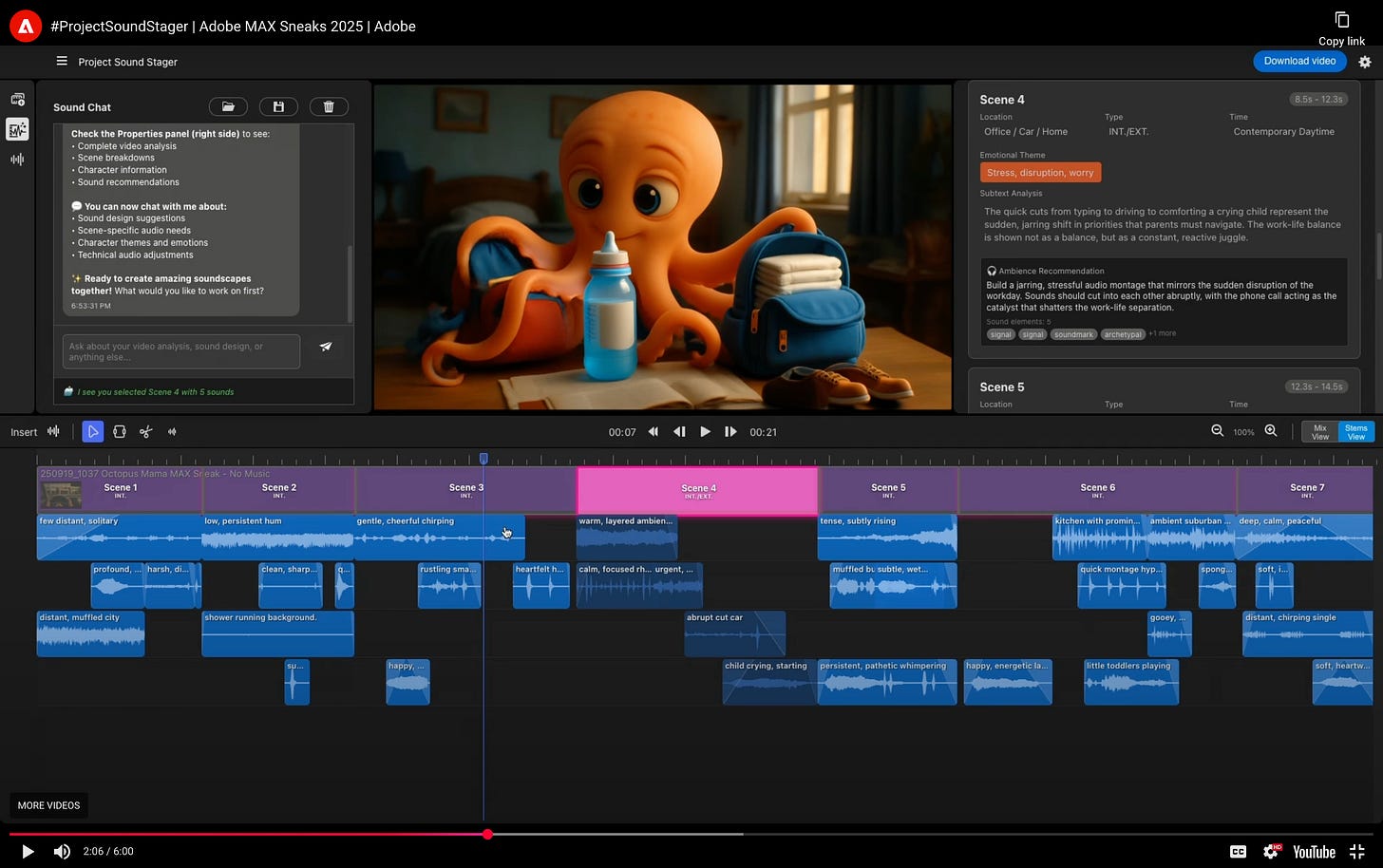 Screenshot from Adobe MAX Sneaks 2025 demo of Project Sound Stager, showing an animated octopus scene with a detailed sound timeline and AI-generated soundscape elements.
