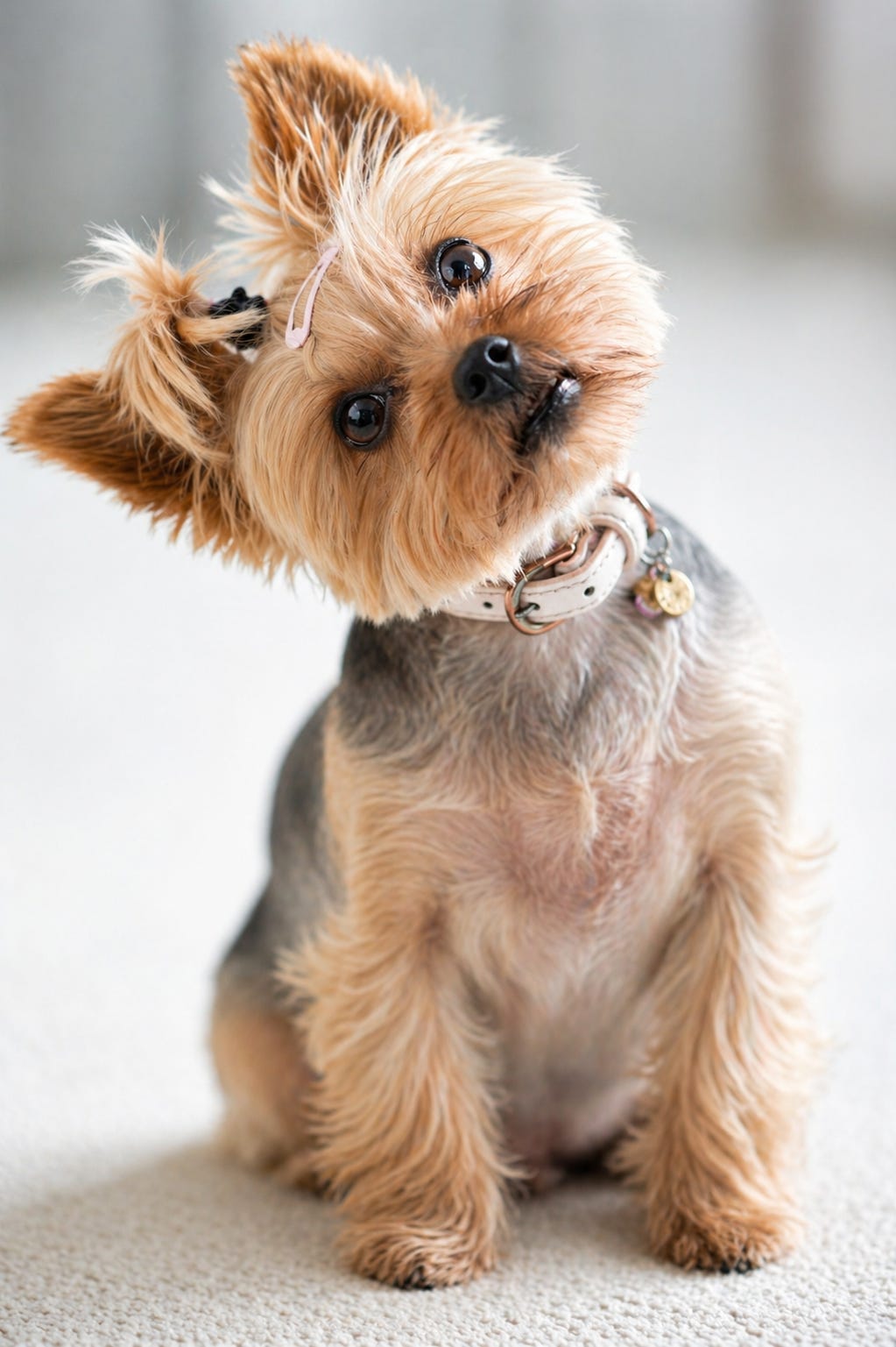 A curious Yorkshire Terrier tilts its head, listening intently—capturing the quiet moment where attention deepens into understanding.