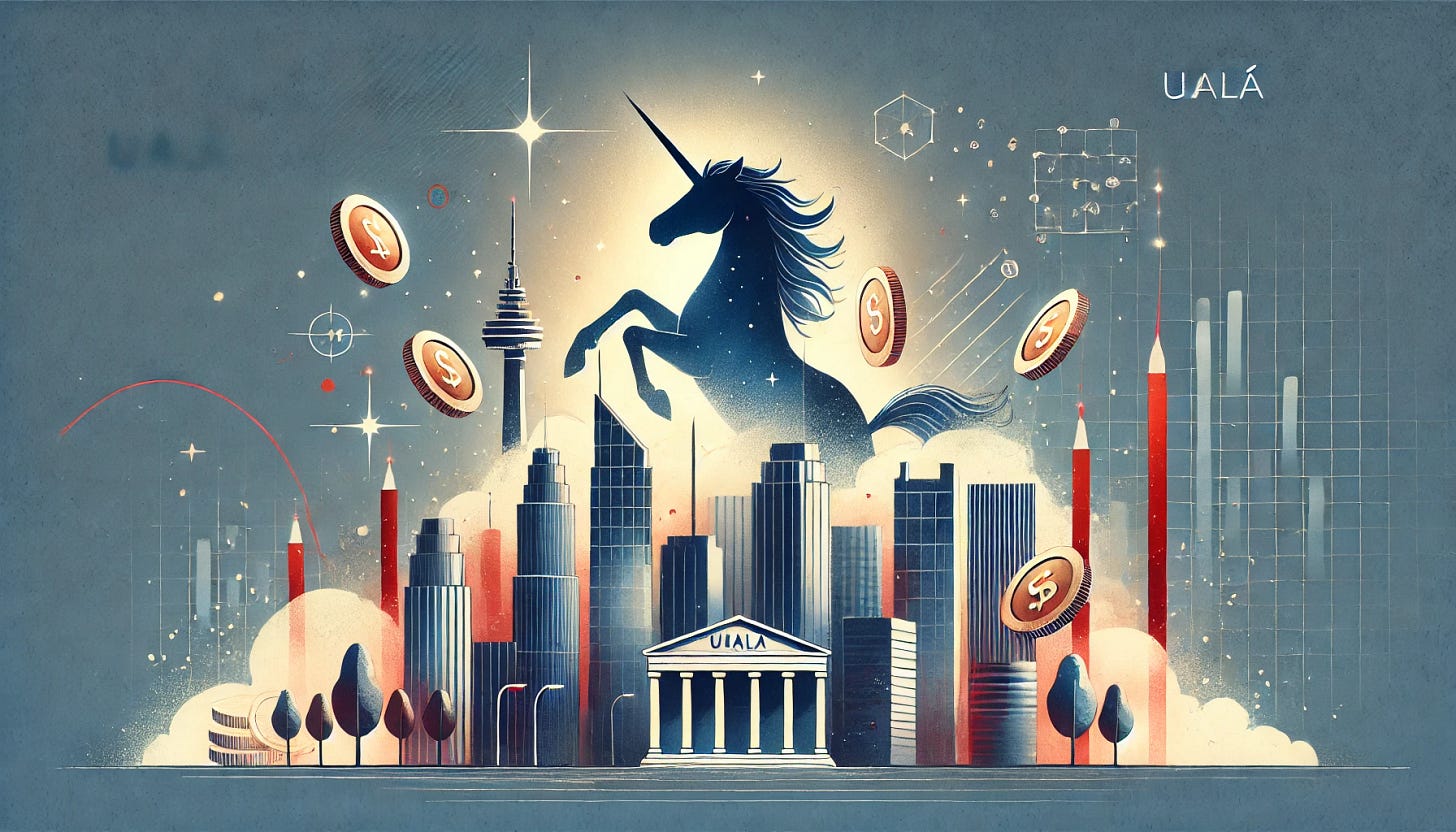 A minimalist watercolor painting using navy blue and red tones inspired by the branding colors of Ualá. The scene shows a giant unicorn emerging from the skyline of Buenos Aires, symbolizing economic impact, with beams of light and golden coins surrounding it. In the background, elements of technology and banking are subtly transforming, depicted with clean lines and soft watercolor gradients. Recognizable landmarks of Buenos Aires appear in the skyline, creating a blend of economic growth, fantasy, and modern innovation.