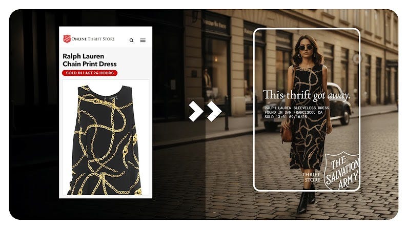 A Salvation Army ad for a “Ralph Lauren Chain Print Dress” appears next to an AI-enhanced image of a woman wearing the dress while walking down a cobblestone street, reminiscent of New York City’s Tribeca neighborhood.