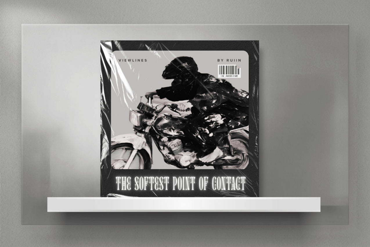 A physical album cover enclosed in protective, wrinkled plastic wrap, displayed on a sleek white shelf against a textured, light gray archival panel. The jacket art features a minimalist layout with a rounded square frame containing a high-contrast, black-and-white image of a figure in a helmet riding a motorcycle. A barcode sticker sits in the top right corner, and distorted, glowing white serif typography at the bottom reads "THE SOFTEST POINT OF CONTACT." Part of the Viewlines series at The Subtext Review.