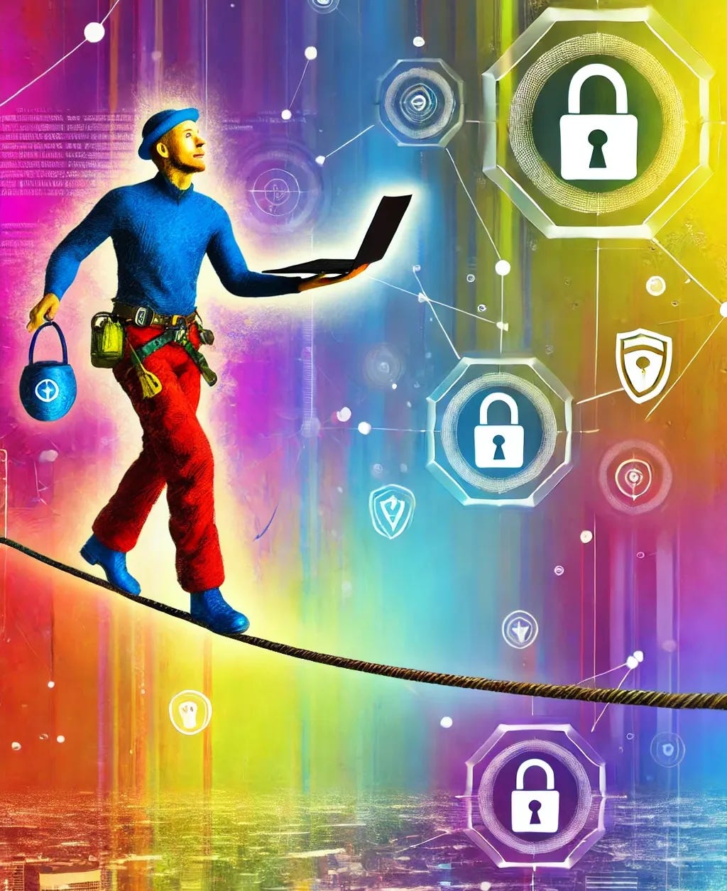 A brightly colored illustration of a network technician walking carefully on a tightrope high above, symbolizing the challenges and risks of maintaining cybersecurity. The technician is holding a laptop, wearing a safety harness, and carrying network cables. The background is a vibrant cityscape with abstract technology icons like locks, shields, and network nodes floating around, indicating a secure network environment. The scene is dynamic, with expressive details in the technician’s cautious steps and focused expression. Use vivid colors to create a lively, energetic feel.