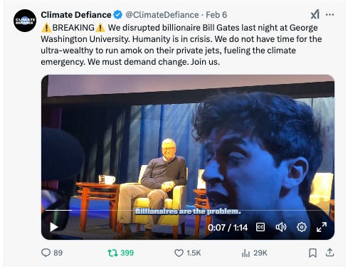 Climate activists disrupt Bill Gates's book tour, chanting "Tax the motherfucking rich!"