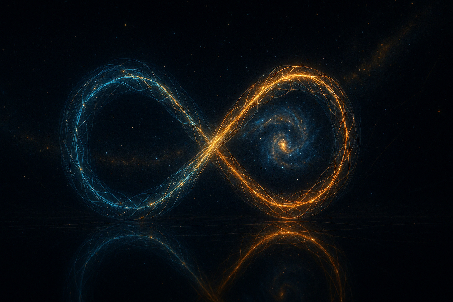 An infinity loop of glowing blue and gold filaments floats in space, half resembling DNA and half a galaxy, reflecting light on a mirror surface beneath it.