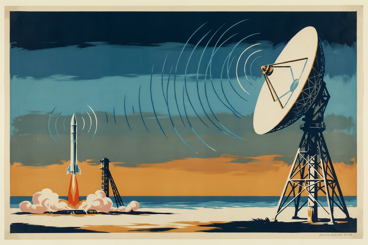 A 1950s-style screenprinted poster: a rocket lifting off from a coastal pad at left, radio waves arcing across an orange and navy sky to a large dish antenna on a lattice tower at right.