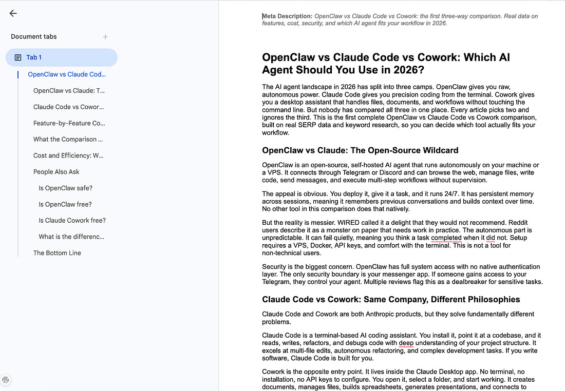 Completed 1500-word SEO article generated by the SEO Writer skill with optimized headings, keyword placement, and a People Also Ask section