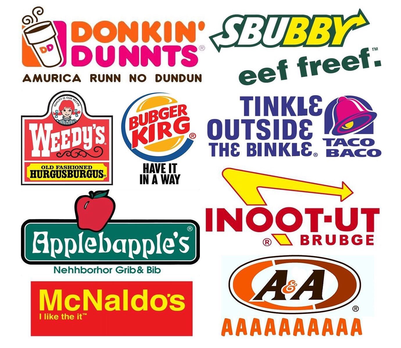 Fast food restaurant logos edited nonsensically. Fast food restaurant logos edited nonsensically.