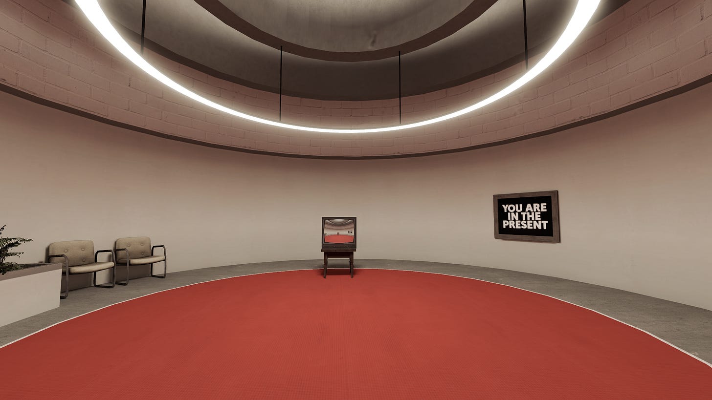 A minimalist room from The Stanley Parable Ultra Deluxe with a sign reading "YOU ARE IN THE PRESENT" and a TV showing a recursive loop.