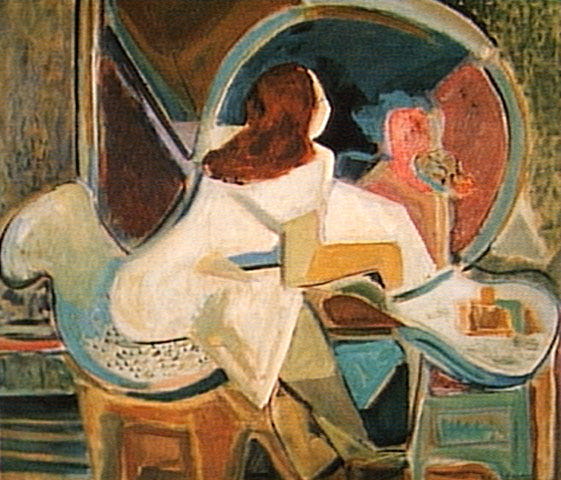 pintura de uma mulher sentada em frente a um espelho, ela de costas refletindo sua imagem de uma forma distinta a que ela se apresenta, as cores terrosas e frias em contraste com brancos e pretos, uma pegada levemente abstrata apesar de serem bem evidentes a mulher e o espelho.