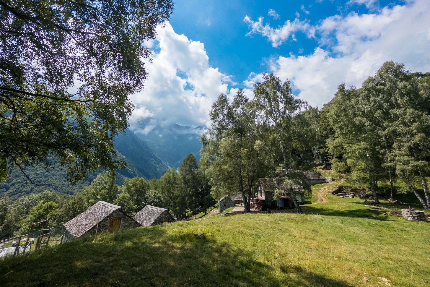 Panoramablick auf die Alpe Soladino im Tessin: Vor alpiner Bergkulisse mit teils wolkenverhangenem Himmel liegen traditionelle Steinhäuser (Rustici) eingebettet in eine grüne Wald- und Wiesenlandschaft. Im Vordergrund Wiese mit Schattenwurf, im Hintergrund dichter Baumbestand und ein Wanderpfad. Panoramablick auf die Alpe Soladino im Tessin: Vor alpiner Bergkulisse mit teils wolkenverhangenem Himmel liegen traditionelle Steinhäuser (Rustici) eingebettet in eine grüne Wald- und Wiesenlandschaft. Im Vordergrund Wiese mit Schattenwurf, im Hintergrund dichter Baumbestand und ein Wanderpfad.