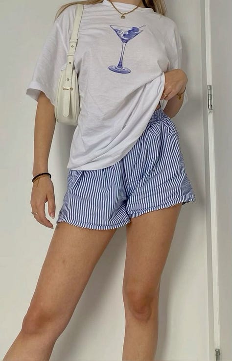 people wearing blue and white boxer shorts with graphic tee