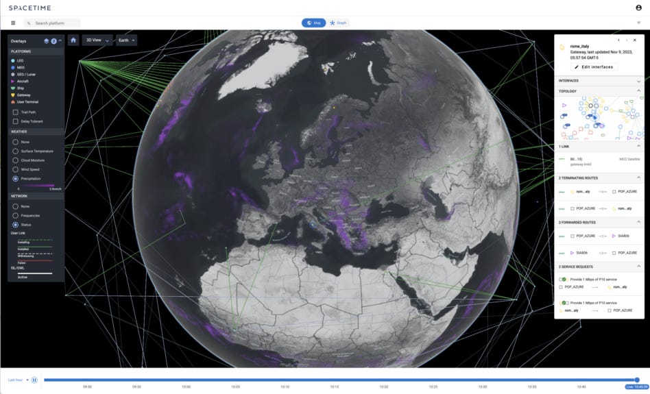 Aalyria's Spacetime modeling a multi-orbit network constellation. Image: ESA/Aalyria Aalyria's Spacetime modeling a multi-orbit network constellation. Image: ESA/Aalyria
